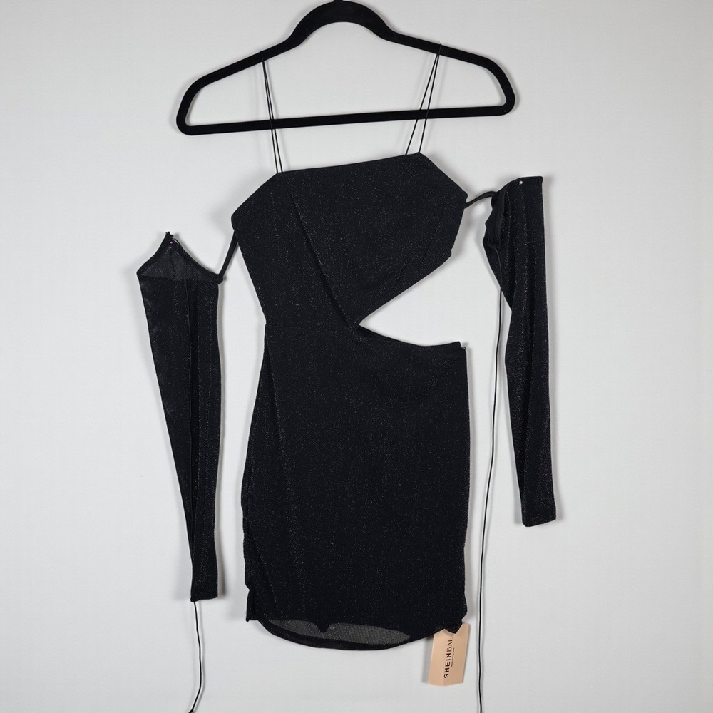 SHEINBAE Black Glitter Cut Out Bodycon Mini Dress Spaghetti Strap Woman‎ Small